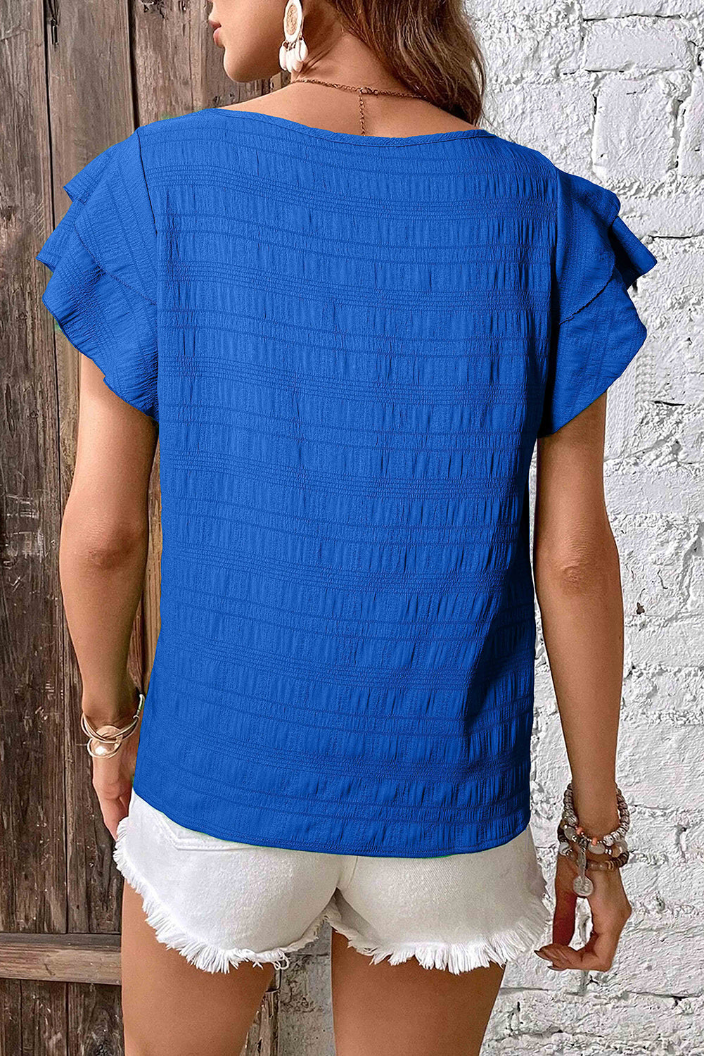 Dark Blue Textured Ruffled Sleeve Round Neck Top