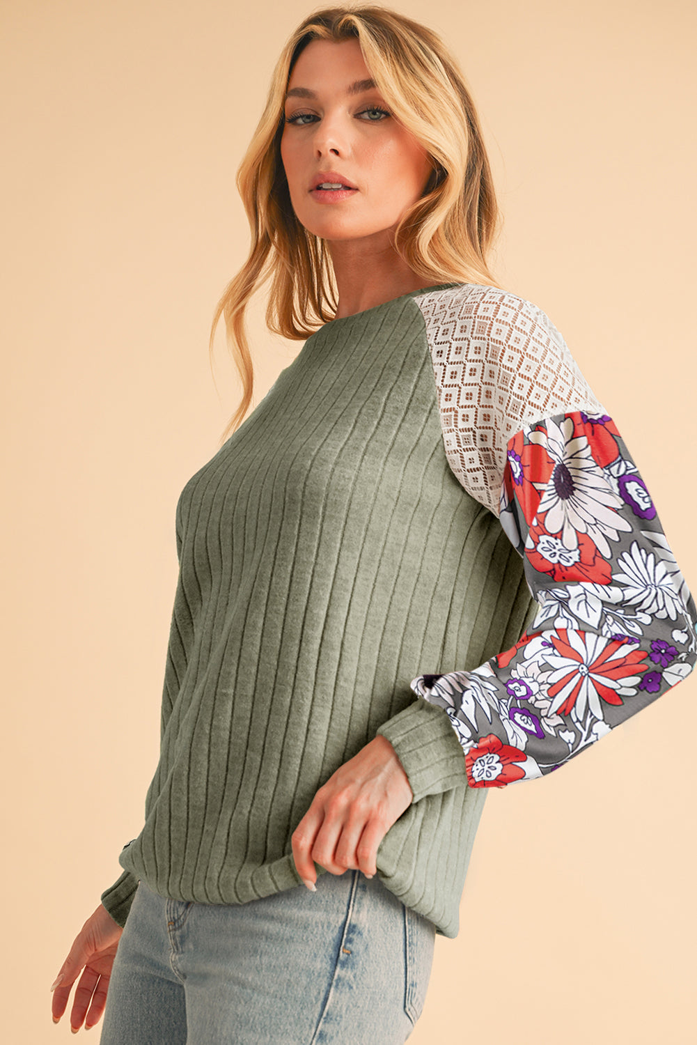 Parchment Floral Patchwork Raglan Sleeve Ribbed Blouse