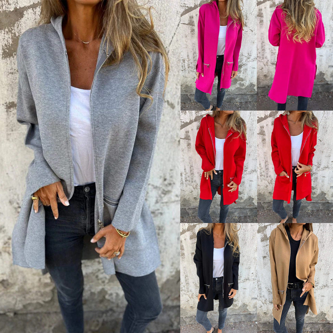 Women's Zip-Up Hooded Cardigan Coat – Solid Color Pocket Jacket