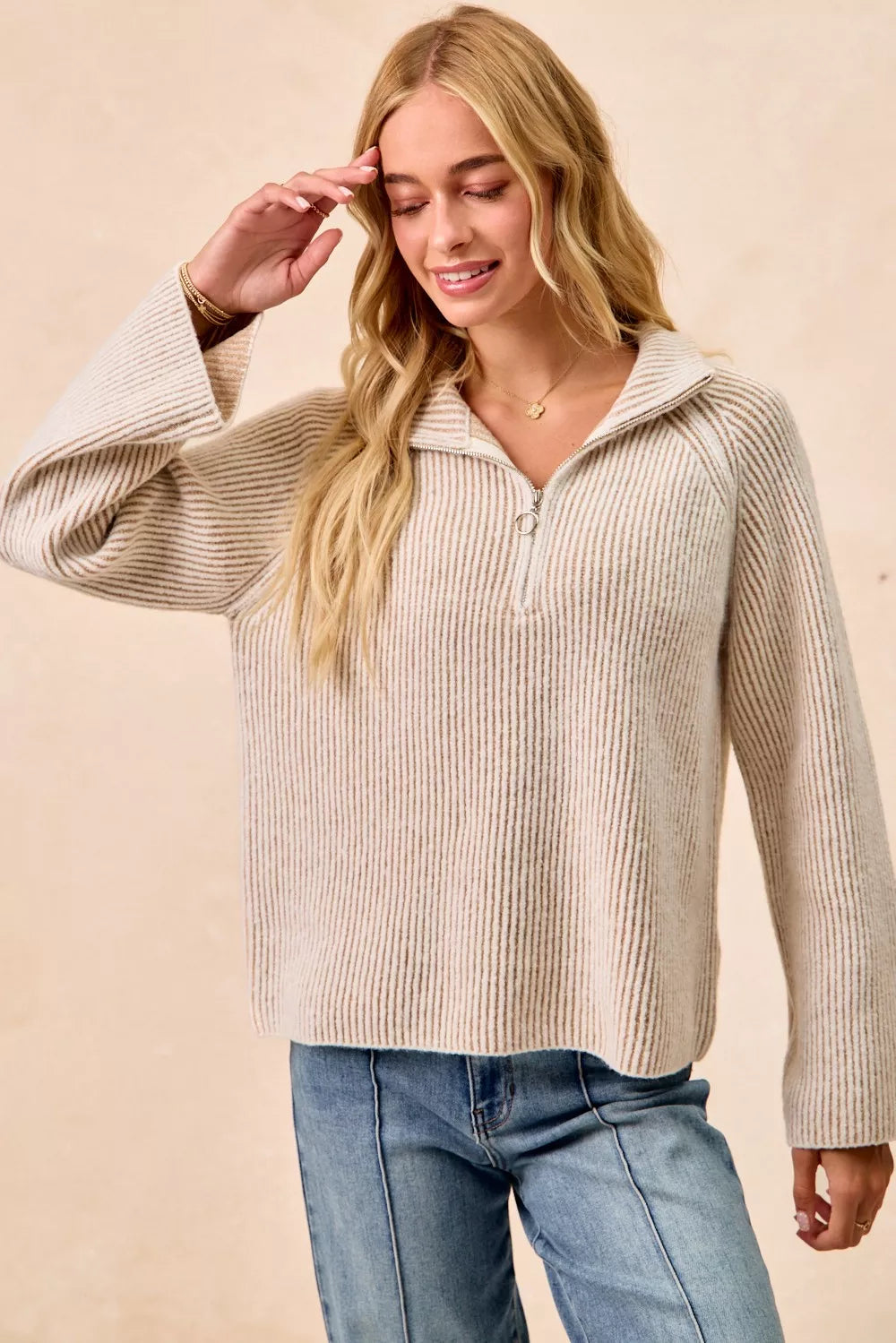Two Tone Rib Texured Knit Collared Top with Zip Up