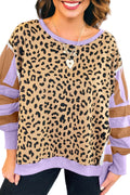 Purple Leopard Striped Patchwork Plus Size Loose Sweatshirt