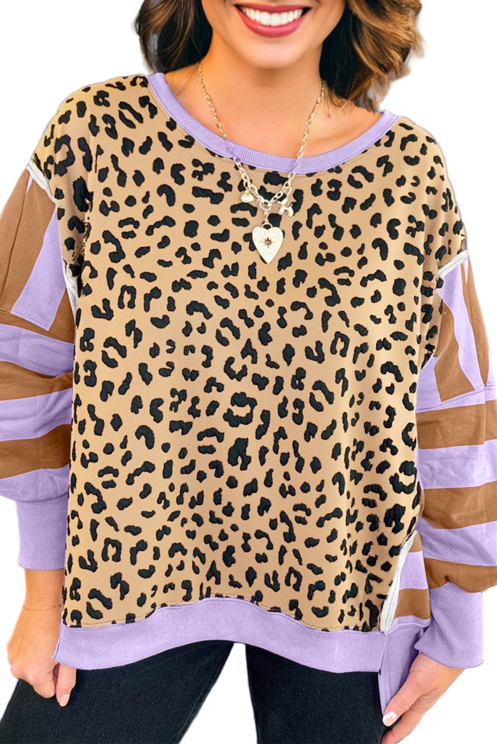 Purple Leopard Striped Patchwork Plus Size Loose Sweatshirt