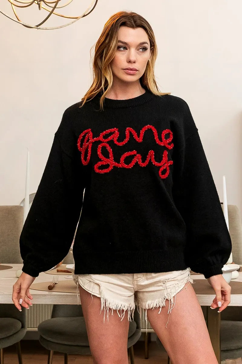 Game Day Metallic Letter Sweater
