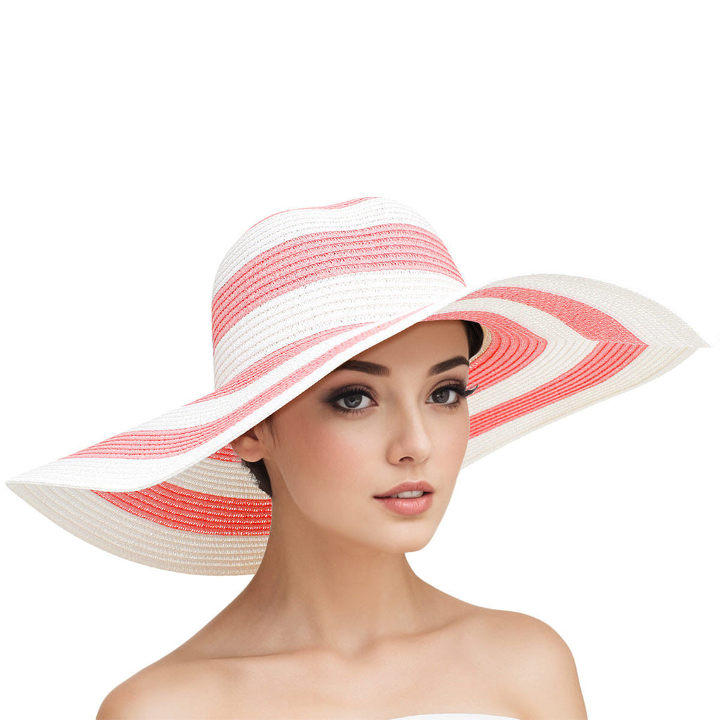 Wide Brim Straw Hat Pink White Striped Stylish Summer Accessory