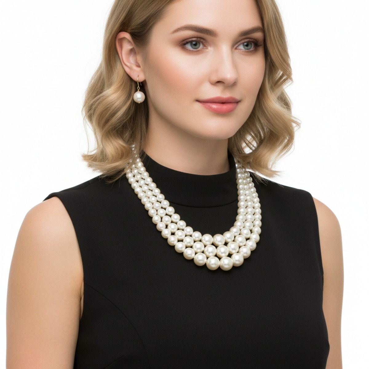 Layered 3-Strand Gold Necklace Set with Cream Pearl - Stylish Elegant Statement Jewelry