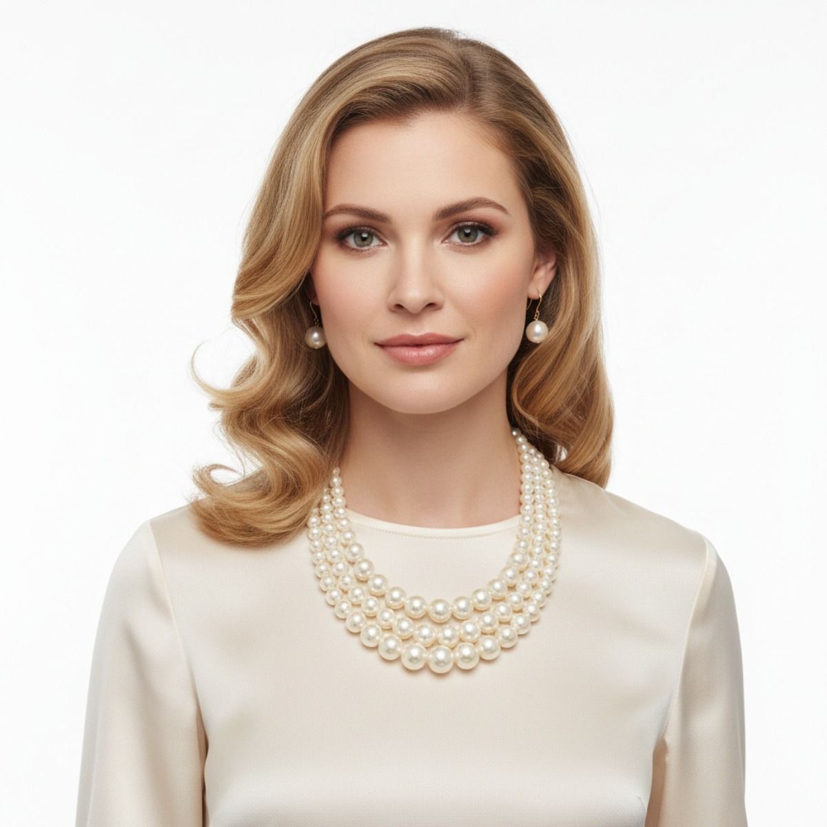 Layered 3-Strand Gold Necklace Set with Cream Pearl - Stylish Elegant Statement Jewelry