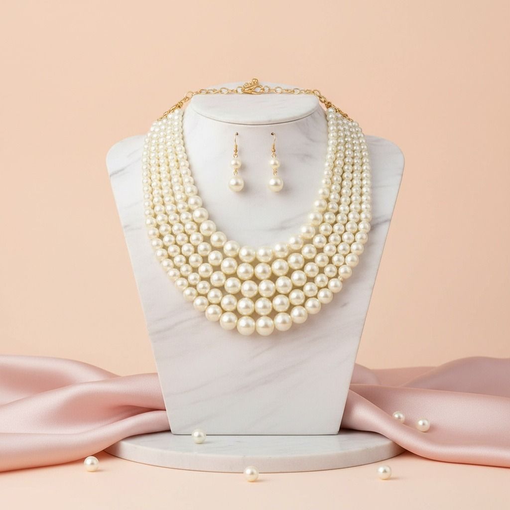Multi Strand Cream Pearl Statement Necklace Set Chic Elegant Layered Jewelry