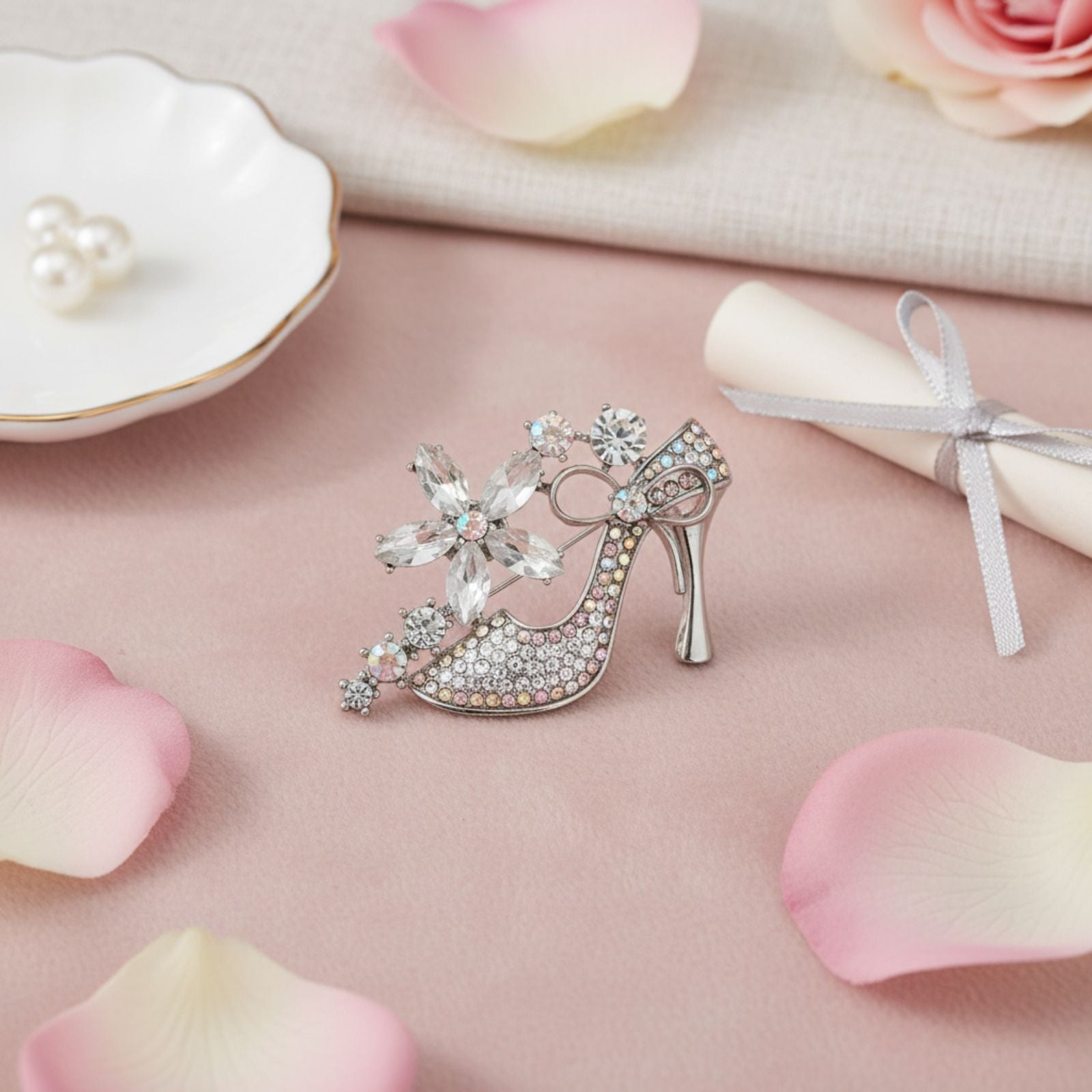 Crystal Clear High Heel Flower Silver Brooch Pin Stylish Statement Jewelry