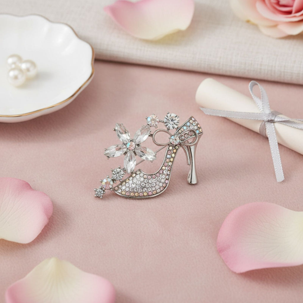 Fashion Brooch Silver Pin Clear Crystal High Heel Flower Statement Accessory