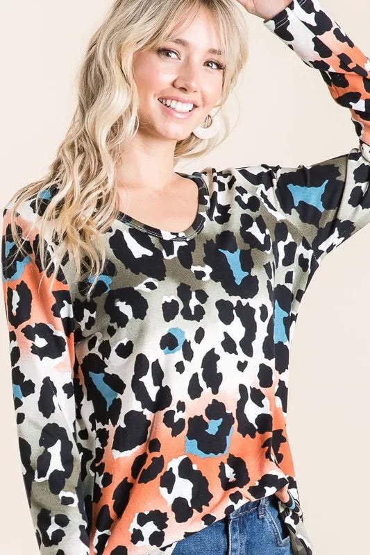 Gradation Leopard Print Soft Knit Deep U Neck Top