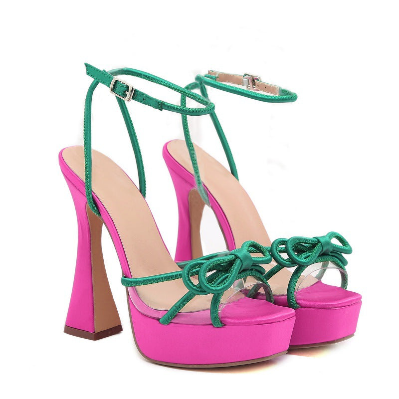 Bright Color-blocking Bow Thick-soled Buckle Chunky High Heels See size chart under “more details”