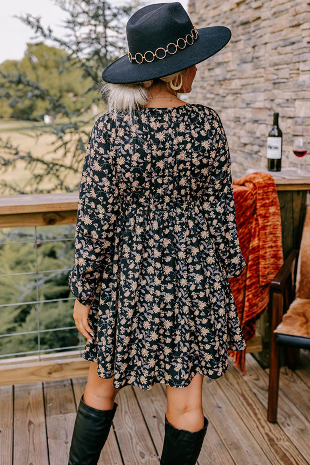 Black Floral Deep V Neck Smocked Bust Bubble Sleeve Babydoll Dress