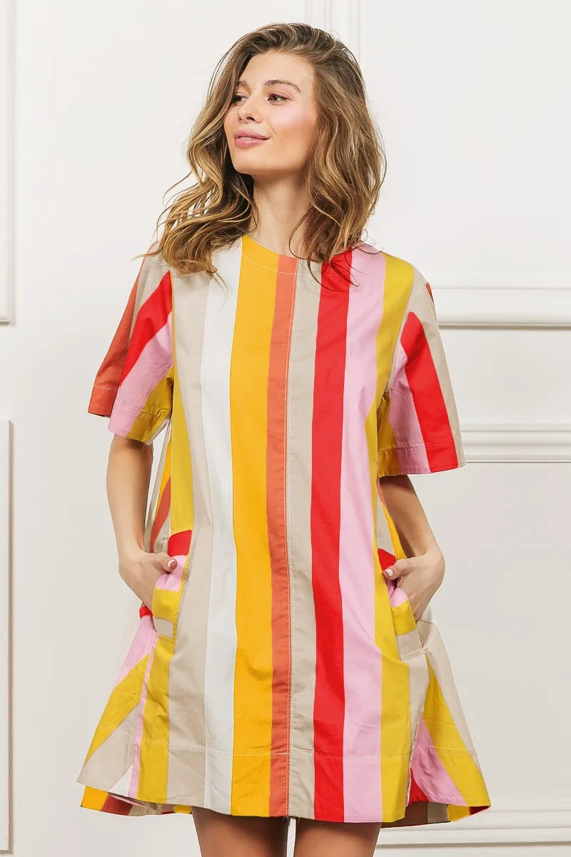 BiBi Multi Stripe Woven Flared Midi Dress
