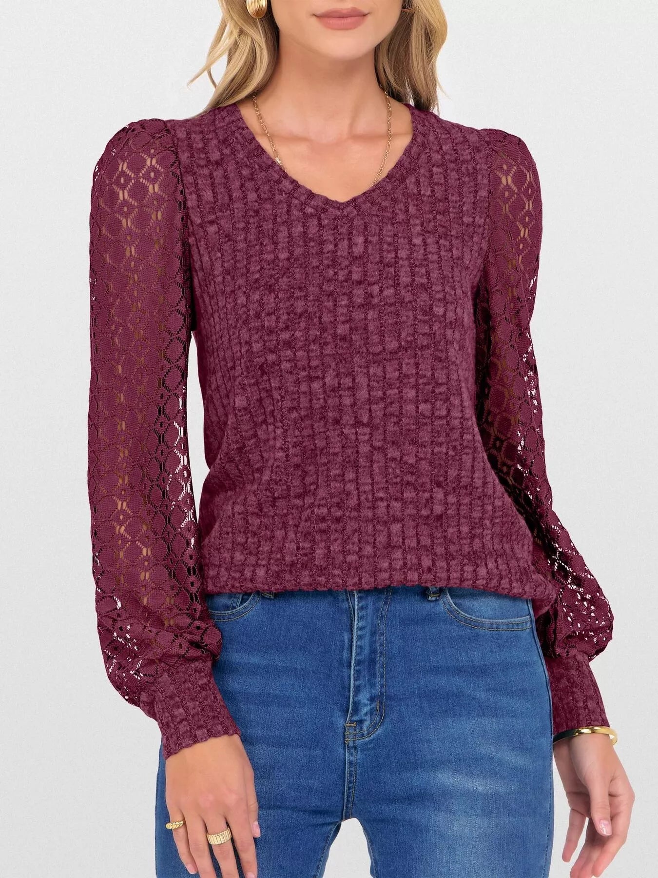 Lace Sleeve V-Neck T-Shirt