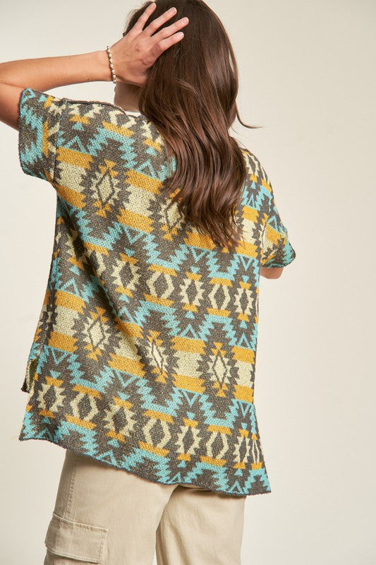 Back To School Sweater - Davi & Dani High-Low Geometric Round Neck Knit Top