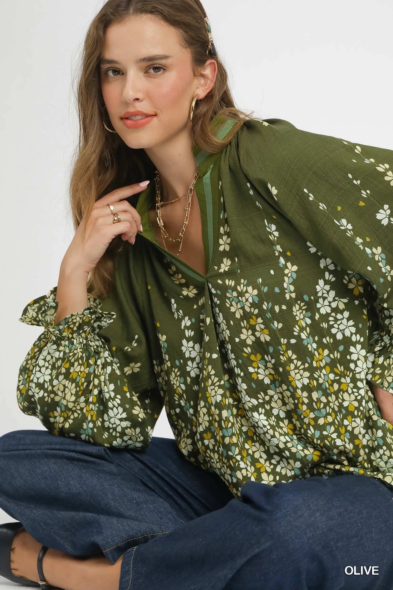 Floral Vine Print Blouse with Balloon Sleeves