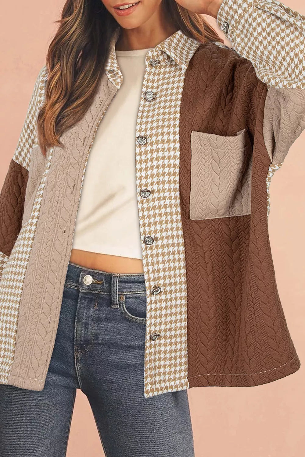 Button Down  Houndstooth Color Block Shacket