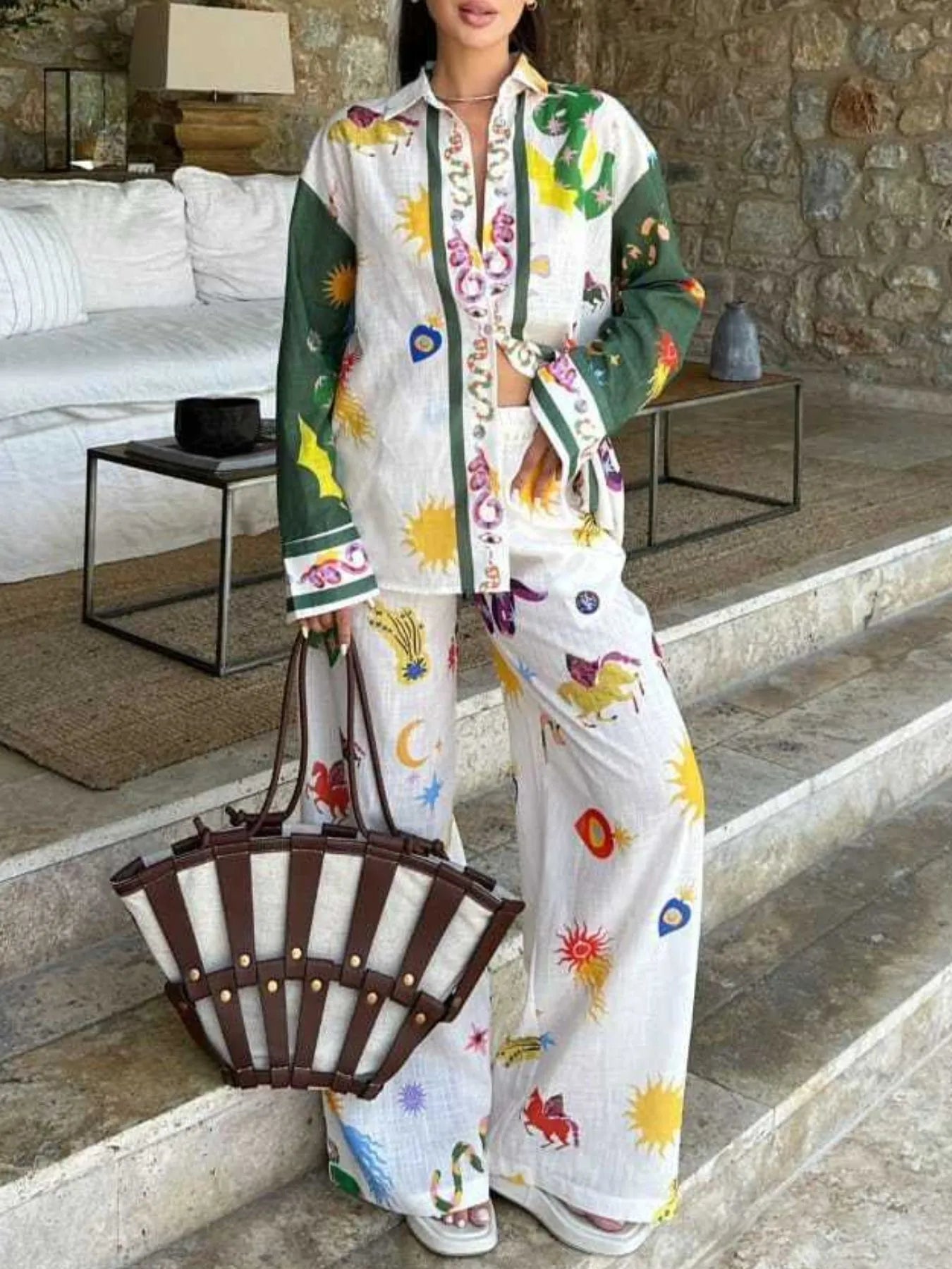 Printed Button Down Shirt and Pants Set