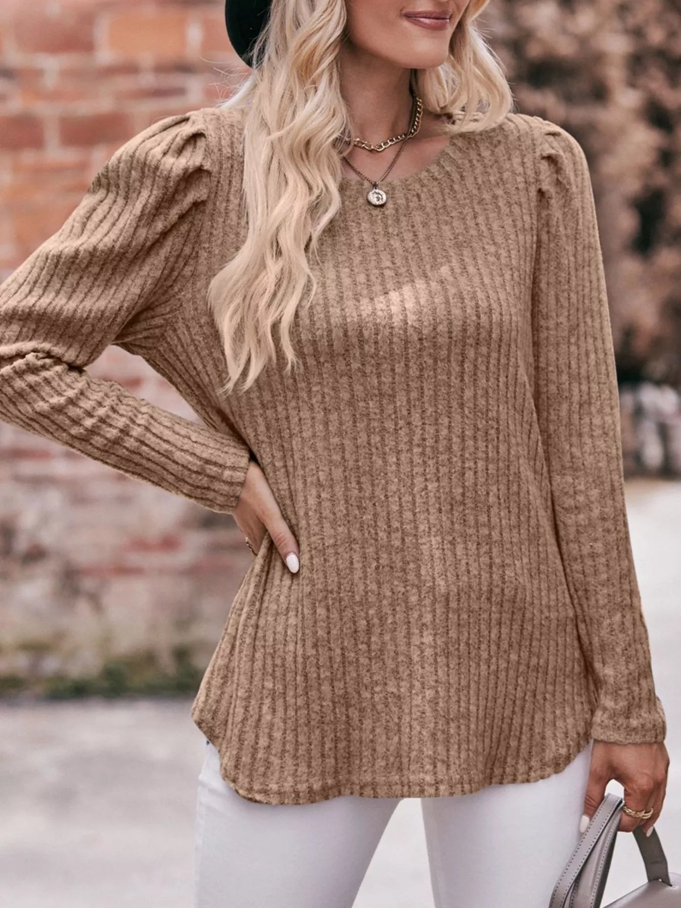 Ribbed Knit Puff Sleeve T-Shirt
