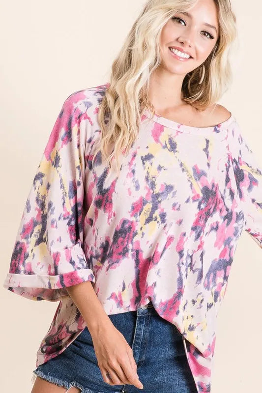 Tie Dye Print Terry A Line Top with Bell Sleeves