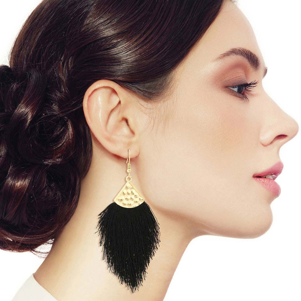 Tassel Fish Hook Earrings Black Silk Stylish Statement Jewelry