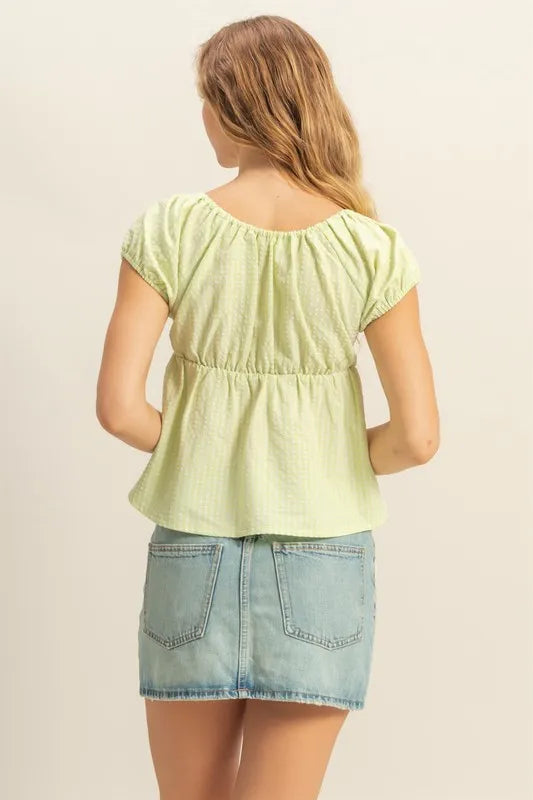 Gingham Scoop Neck Cap Sleeve Blouse