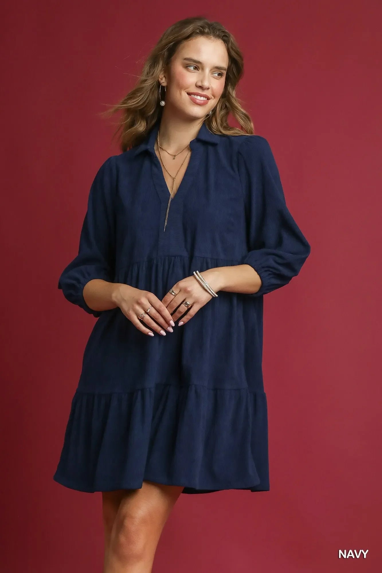 Umgee Tiered Corduroy Mini Dress with Balloon Sleeves