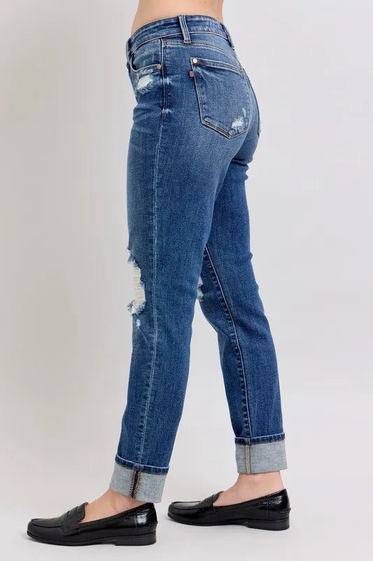 Full Size Mid Rise Boyfriend destroy Jeans with Yoke Pockets and Faux Selvedge Cuff Plus Size