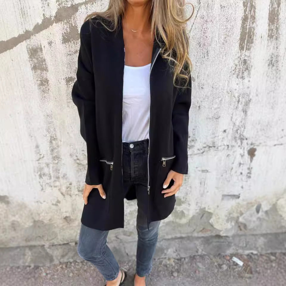 Women's Zip-Up Hooded Cardigan Coat – Solid Color Pocket Jacket