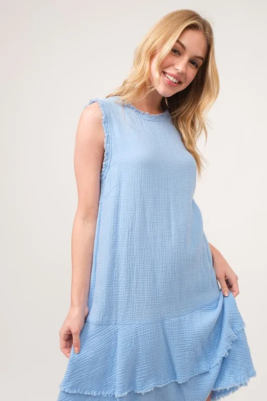 Washed Fringe Detail Tiered Dress