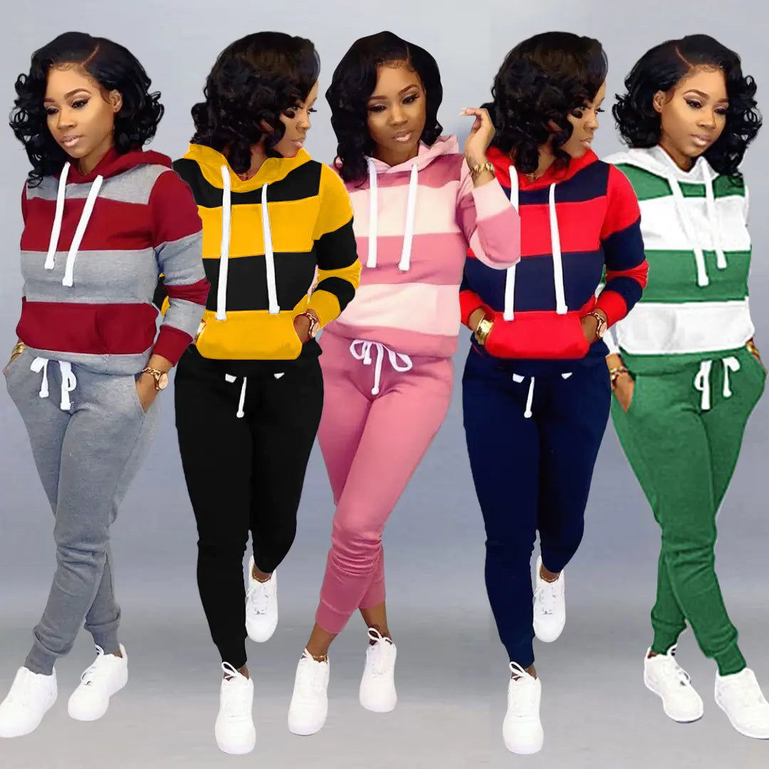 Striped Hooded Sweatshirt and Pants Set for Women