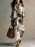 New Arrival Casual & American Vacation Style Printed Lapel Long Sleeve Maxi Dress
