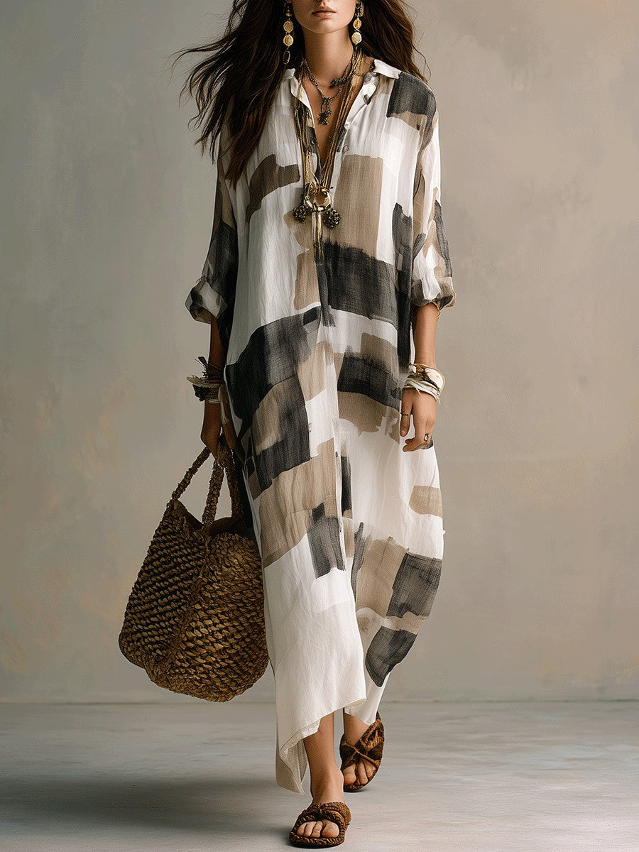 New Arrival Casual & American Vacation Style Printed Lapel Long Sleeve Maxi Dress