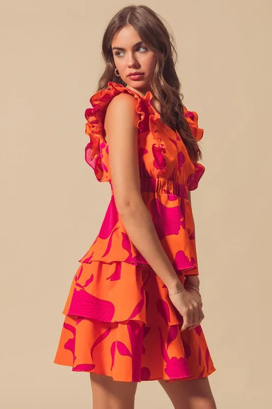 SO ME Floral V Neck Layered Dress with Elasticized Waist