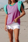 Striped Round Neck Cap Sleeve Blouse