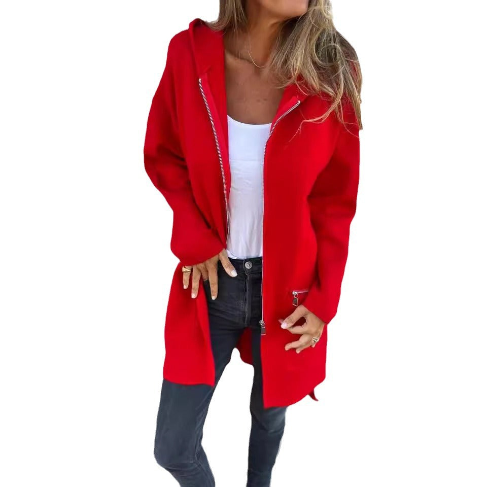 Women's Zip-Up Hooded Cardigan Coat – Solid Color Pocket Jacket