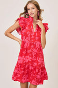 Umgee Full Size Two Tone Floral Print Ruffle Cap Sleeve Mini Dress Plus Size