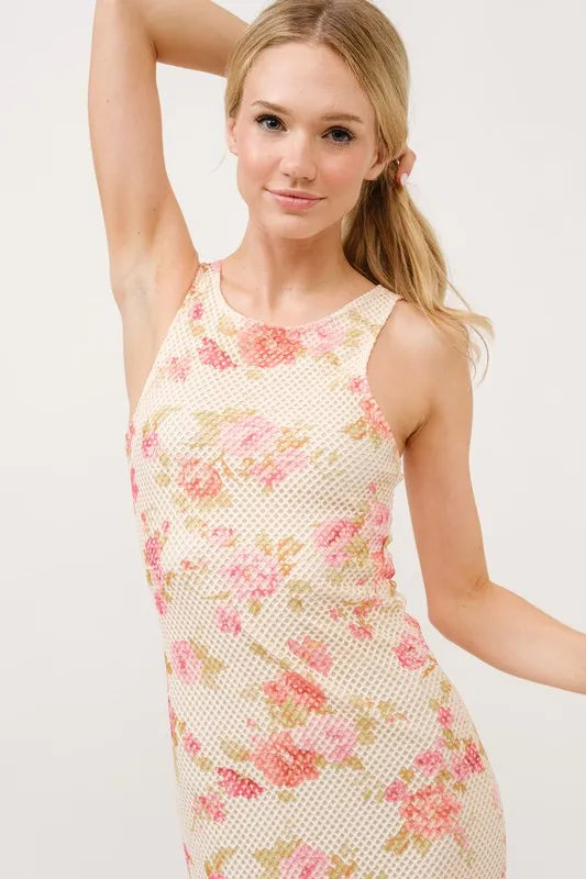 Floral Fishnet Bodycon Midi Dress