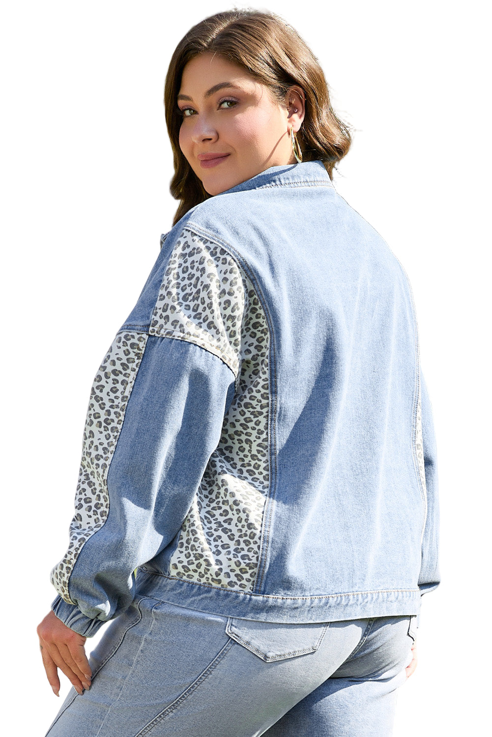 Beau Blue Leopard Patchwork Flap Detail Plus Size Denim Jacket