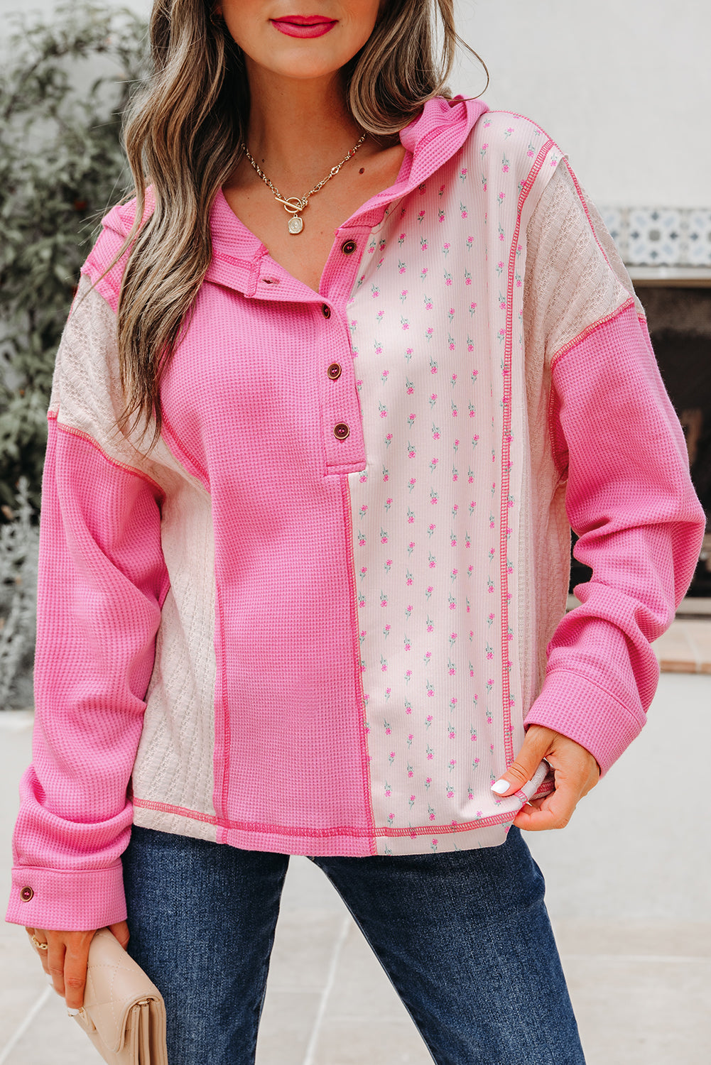 Pink Mixed Texture Waffle Floral Patchwork Hooded Oversize Pullover