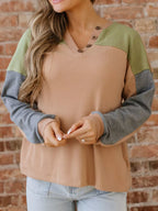 Color Block Thermal Textured Knit Drop Shoulder Henley Top