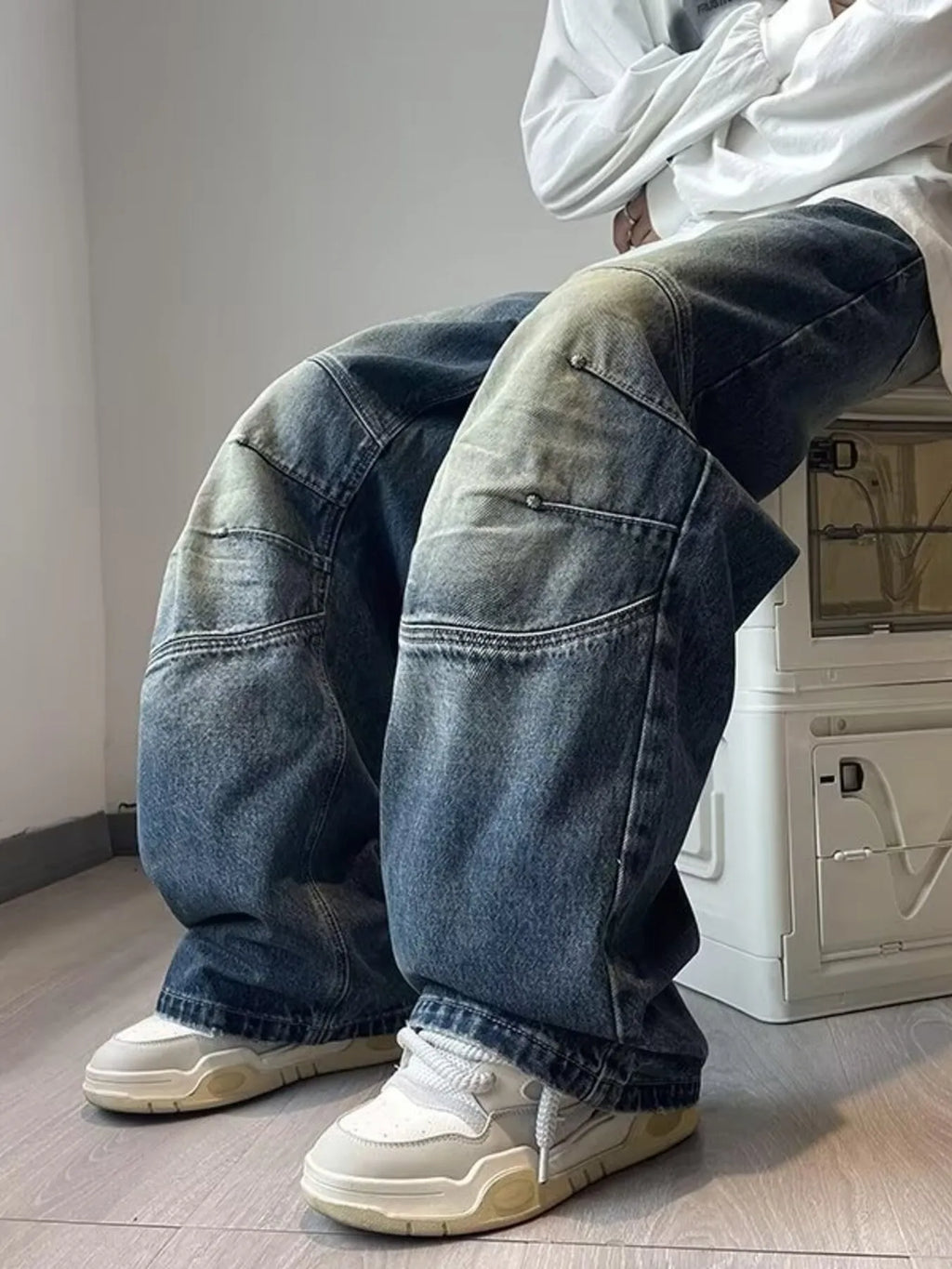 Men's Full Size Wash Wide Leg Jeans Plus Size