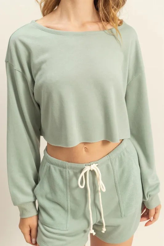 Boat Neck Long Sleeve Cropped Top