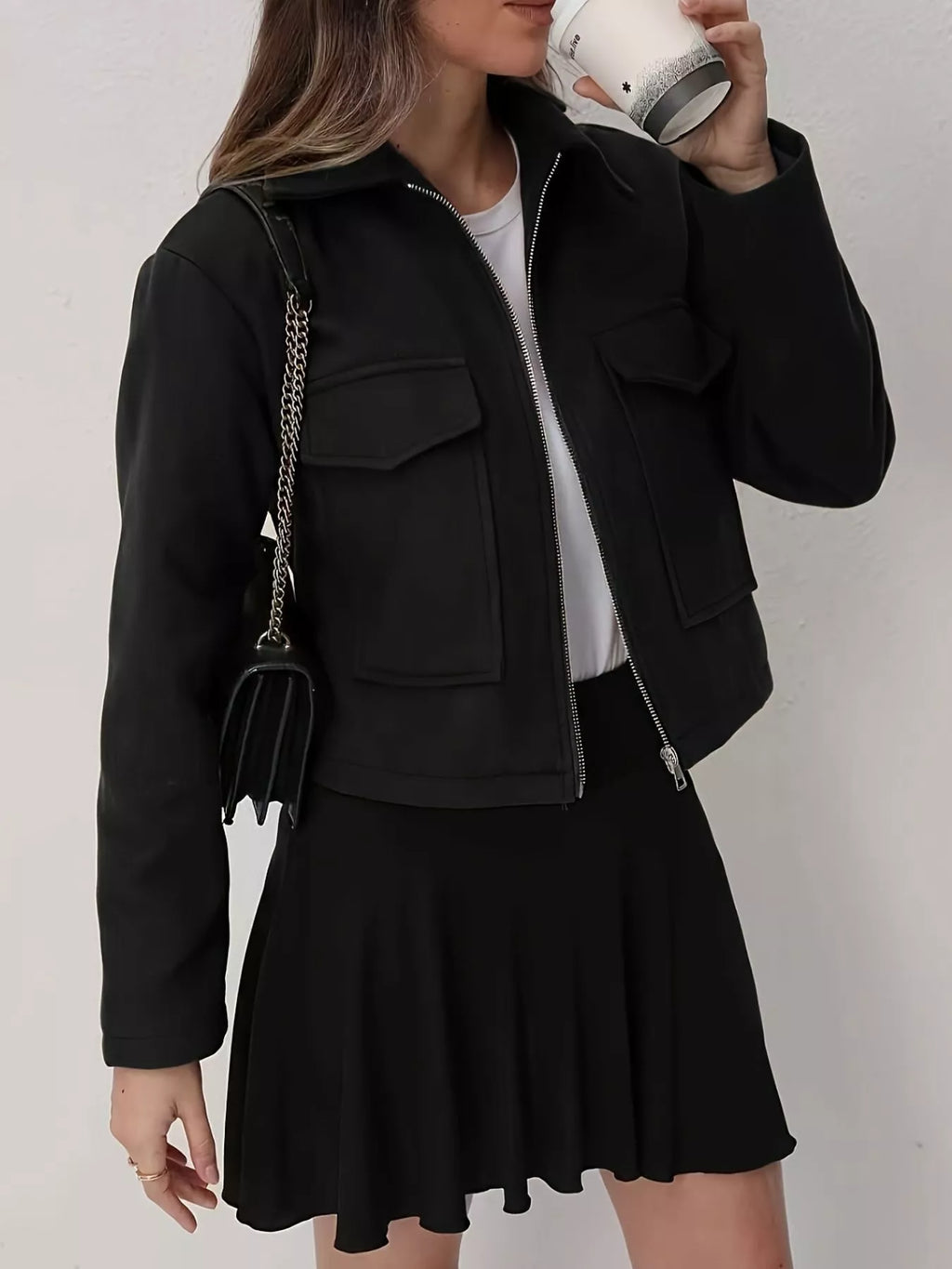 Cropped Zip-Up Pocketed Jacket