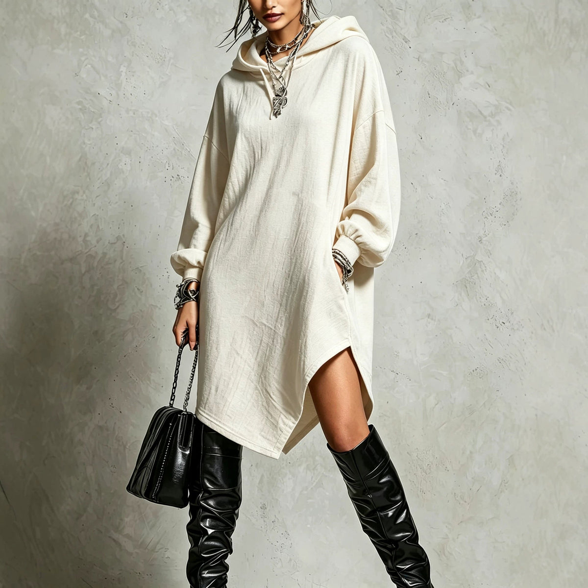Womens Solid-Color Irregular Side-Slit Hooded Sweatshirt Dress