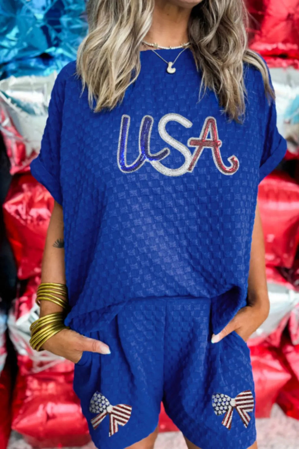 Textured Sequined USA Top and Bowknot Shorts Set