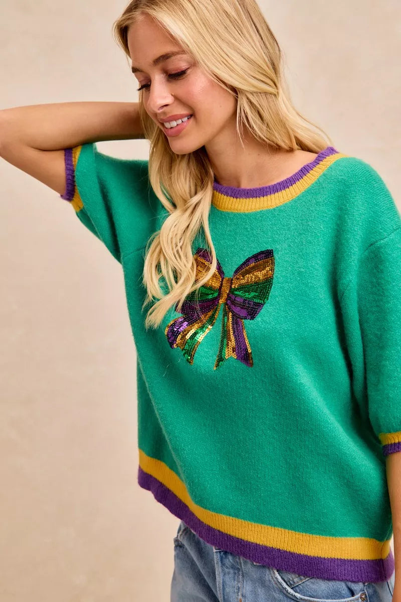 Mardi Gras Sequin Ribbon Patched Sweater