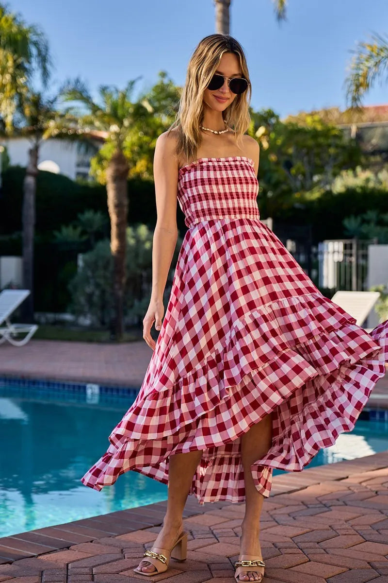 BiBi Smocked Body Off Shoulder Check Dress