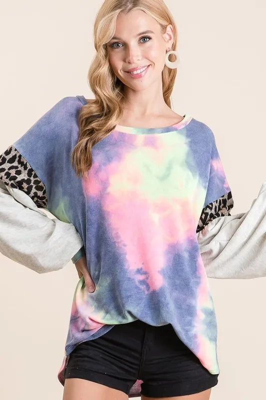 Tie Dye Terry Top with Contrast Puff Sleeves