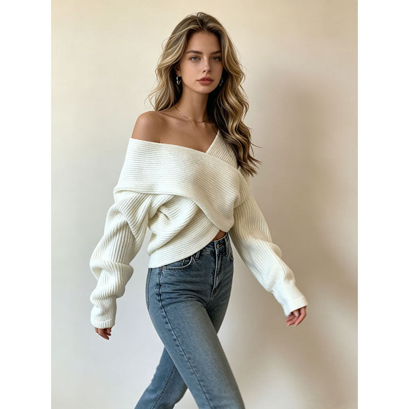 Loose-fitting Cropped Knitted Irregular Sweater For Women